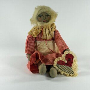 Vintage Hand Made Rag Doll W/Blonde Yarn Hair Red Gingham Dress & Heart Pillow